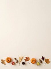 Fototapeta premium Autumn harvest arrangement with pumpkins leaves and pinecones on a neutral background