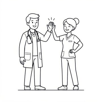 Doctor and nurse high five vector outline illustration