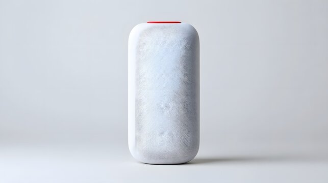 White Cylindrical Smart Speaker with Red Top Accent on Minimalist Gray Background