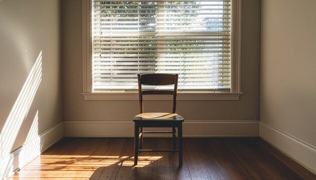 An empty wooden chair positioned in an empty room against a window with closed blinds, illuminated by warm sunlight casting soft shadows on the wooden floor and plain walls.