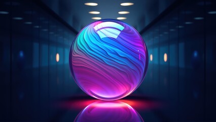 Fototapeta premium Vibrant sphere glows, reflecting pink, blue hues. Dark corridor creates dramatic lighting, mirroring effect visible below.