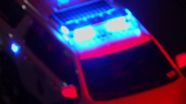 Paramedic services flashing lights on emergency vehicle. Police fire and ambulance services flashing lights during accident or fire.