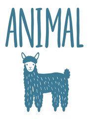 Fototapeta premium Blue llama illustration with animal text isolated on transparent background PNG cutout