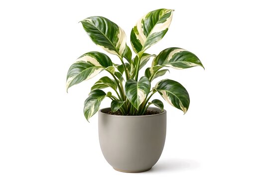 A variegated green houseplant with glossy cream-patterned leaves growing in a simple beige pot, isolated against a clean light background