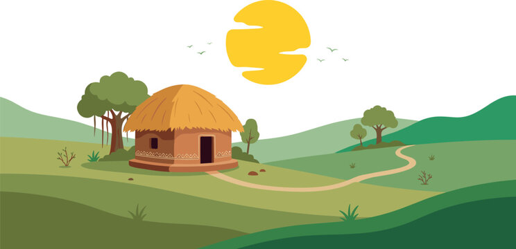 Traditional Indian village mud hut vector illustration with thatched roof green landscape winding pathway and sunset background