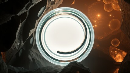 Fototapeta premium Futuristic portal glows amidst rocky terrain. Warm light emanates from surrounding spheres, creating dramatic contrast. Mysterious, inviting scene.