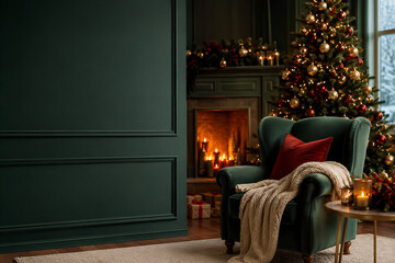 Obraz premium Cozy living room interior featuring a decorated Christmas tree and glowing fireplace, velvet armchair with red pillow and knit blanket. Festive holiday celebration, home decor, winter atmosphere.