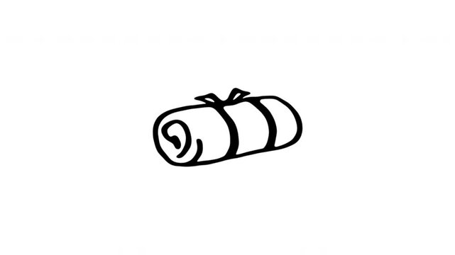 Rolled Sleeping Bag For Camping And Outdoor Travel Hand-Drawn Doodle Animation On Transparent Background. Bedroll And Backpacking Gear. Seamless Animated Icon. 4K Video Overlay Element.