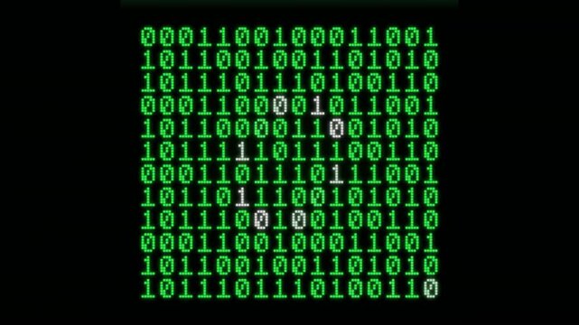 Retro green phosphor binary code matrix display with glowing pixelated zeros and ones on a black background, 1980s style computer terminal screen for data and technology visuals.