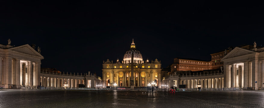 Panorama of St. Peter's Square, Colonnades, and Basilica at Night, Rome