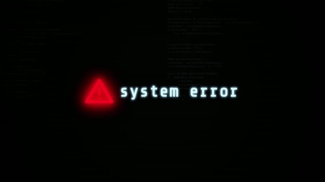 Digital system error message with glowing red warning triangle icon on dark background featuring computer code, scanlines, and glitch distortion for software failure concept.