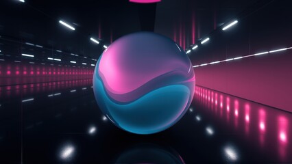 Fototapeta premium Glossy sphere dominates dark room. Pink, blue hues blend. Reflective floor creates symmetrical light patterns. Futuristic ambiance.