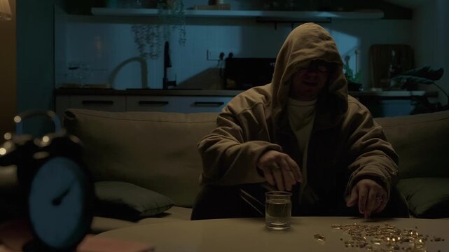 Addicted man takes pills with water after sitting distressed in a dark room, surrounded by scattered medication. Drug abuse, prescription dependence, withdrawal, overdose risk, mental health, crisis