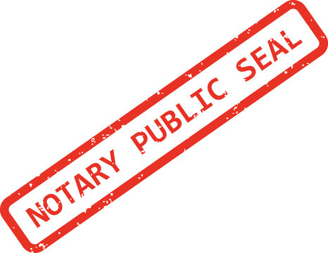 A red rubber stamp with the text notary public seal, featuring a distressed texture on white... de