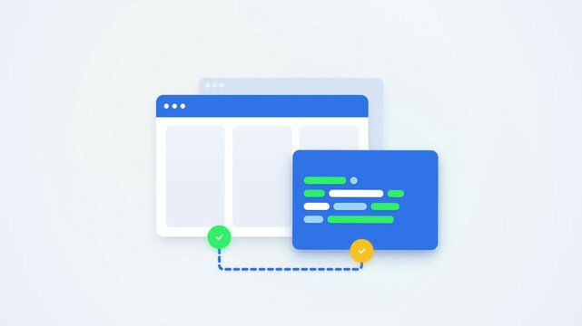 Conceptual 2D illustration of web development workflow featuring browser wireframes, code syntax blocks, and validation checkmarks linked by a dashed path on a clean background.