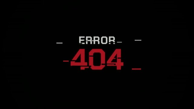 Error 404 text with digital glitch effect on a black background. Red and white pixelated font with horizontal distortion and scanlines. Futuristic system failure graphic.