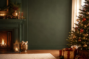 Obraz premium Decorated Christmas tree and burning fireplace in cozy dark green living room, festive ornaments and wrapped gifts, holiday home interior decoration.