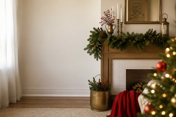 Obraz premium Festive fireplace mantel decorated with evergreen garland, red berries, and white candles, Christmas tree in foreground with bokeh lights. Holiday decor, winter celebration, interior design.