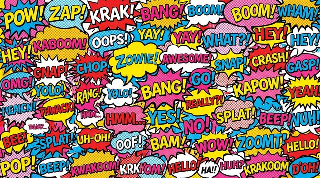 Colorful Pop Art Comic Book Speech Bubbles and Action Words