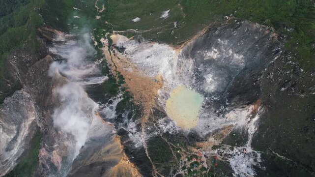 Drone video from the summit of an active volcano, Mount Sabayak, North Sumatra, Indonesia