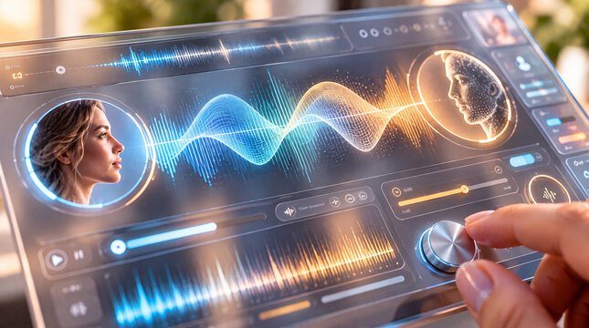 Digital voice interface with a live waveform and speaker profile. Concept of AI-assisted audio analysis, adaptive processing and intelligent communication.