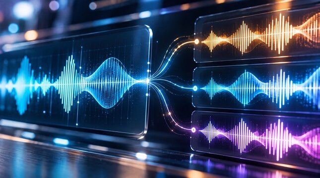 Digital sound waves split into multiple streams. Concept of AI processing, adaptive systems and intelligent information flow.