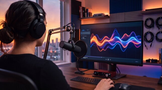 Woman works in a podcast studio while an AI system visualizes and analyzes her voice on a monitor. Concept of adaptive intelligence, speech technology and human-AI collaboration.