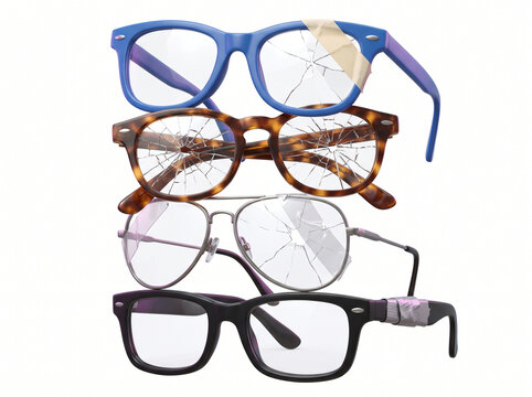 3D animated style illustration of a vertical stack of four different broken eyeglasses repaired with tape, concept of poor vision, temporary fix, and financial struggle

