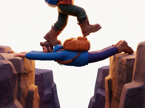 3D animated illustration of a man acting as a human bridge between two cliffs while another person steps on his back to cross, concept of betrayal, sacrifice, and corporate exploitation
