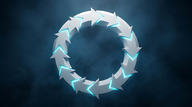 Abstract circular frame composed of interconnected white arrow elements with glowing blue neon energy light trails