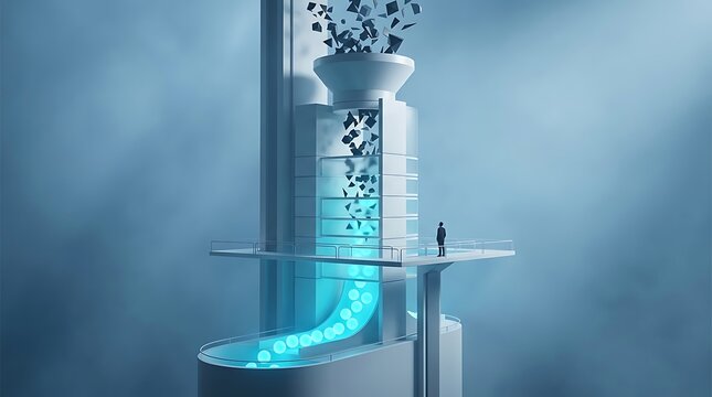Futuristic industrial structure processing glowing blue data cubes with tiny human observer standing on glass platform