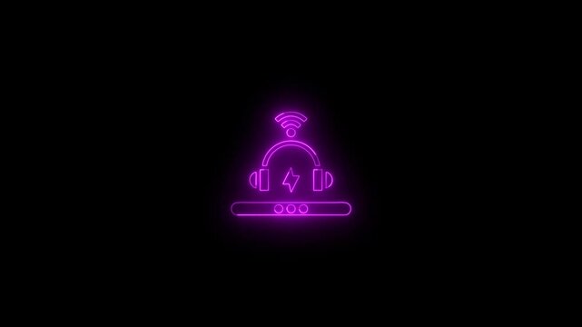 Neon purple wireless charging icon with headphones on black background