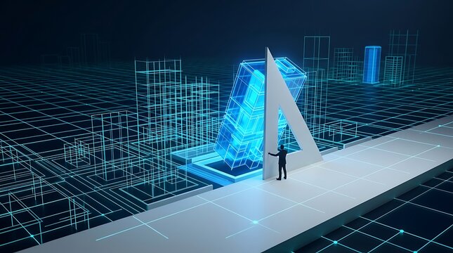 Architectural design concept with person holding drafting triangle against digital city grid urban planning smart city