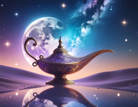 広大な砂漠に佇む、幻想的なランプの風景