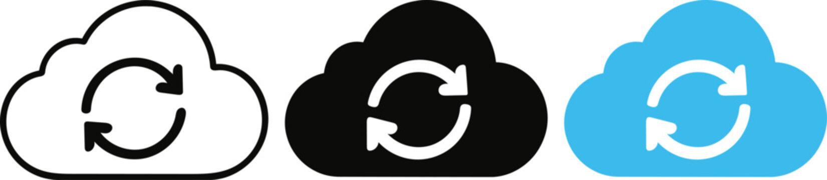 Cloud Sync and Data Synchronization Icon Set in Outline, Black and Blue Styles