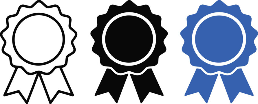 Award Ribbon Badge Icon Set in Outline, Black and Blue Styles