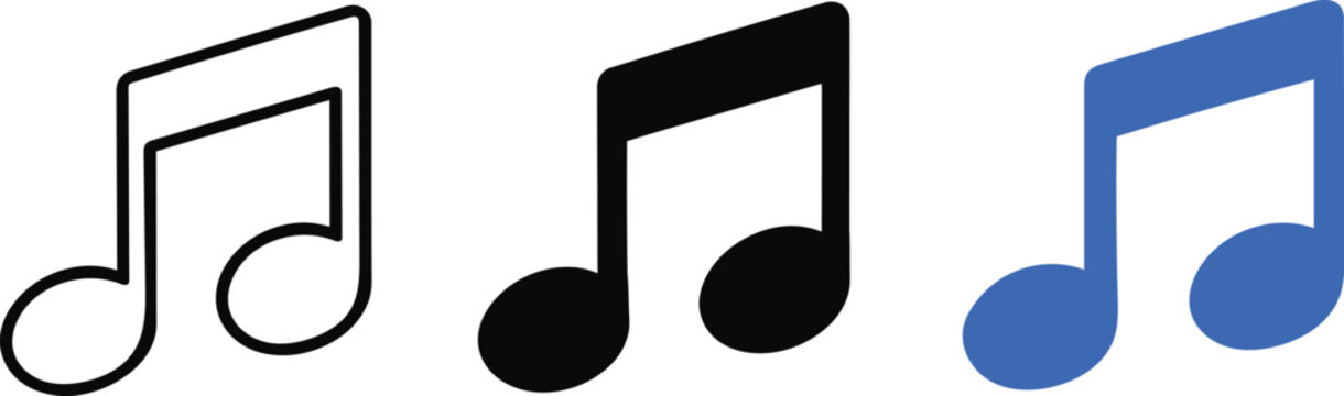 Musical Note Icon Set in Outline, Black and Blue Styles