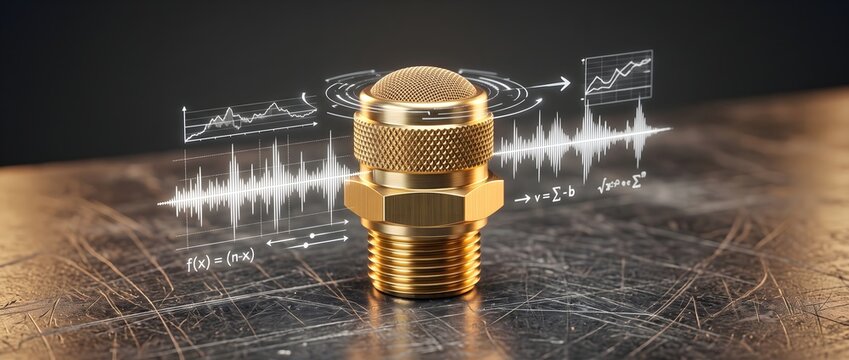 Brass breather vent plug showing frequency signal waves and data graphics.
