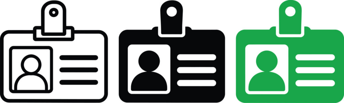 ID Card and Employee Badge Icon Set in Outline, Black and Green Styles
