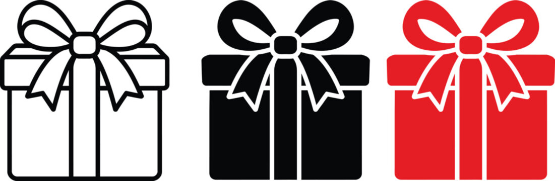 Gift Box with Ribbon and Bow Icon Set in Outline, Black and Red Styles
