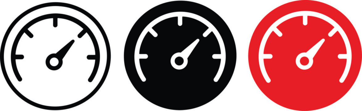 Speedometer Gauge Icon Set in Outline, Black and Red Styles
