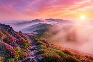 Obraz premium A misty sunrise over rolling green hills with a winding dirt path in the foreground.