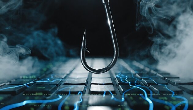 Metal fishing hook hovering over a digital computer circuit board Vector