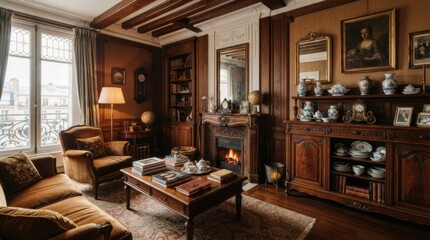Obraz premium Elegant classic living room interior with dark wood paneling and a cozy burning fireplace