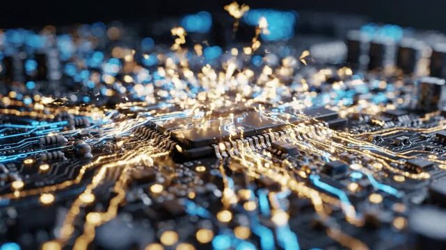 High-tech microprocessor processing data with glowing digital circuits and sparks on motherboard microchip