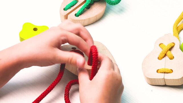 Close up of child hands threading red lace through a wooden toy fruit. Educational video clip demonstrating fine motor skills development 4k resolution Hands eyes coordination