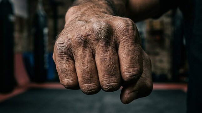 Close-up of a weathered, strong man's fist, conveying power and determination.