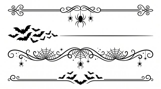 Set of black decorative halloween border dividers with bats spiders and cobwebs on white background with line