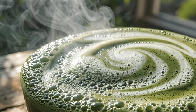 Fresh hot green tea matcha latte with creamy foam swirl in a mug Vector