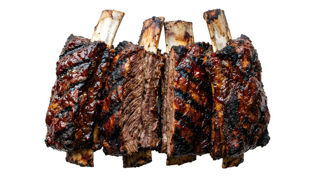 Closeup of glazed grilled beef ribs on the bone